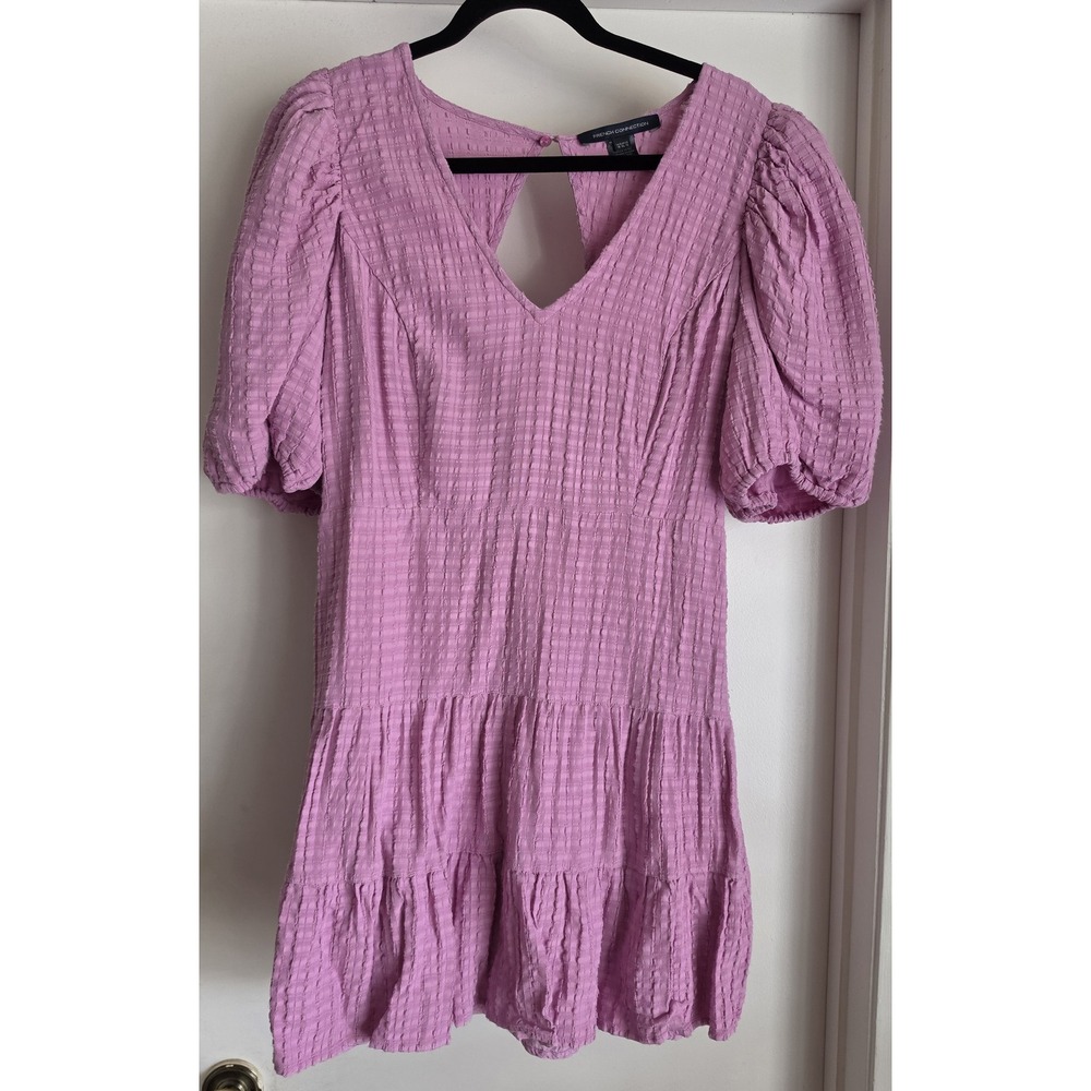 French Connection Mini Dress Size 12 Casual Purple V-Neck 3/4 Sleeve Tiered